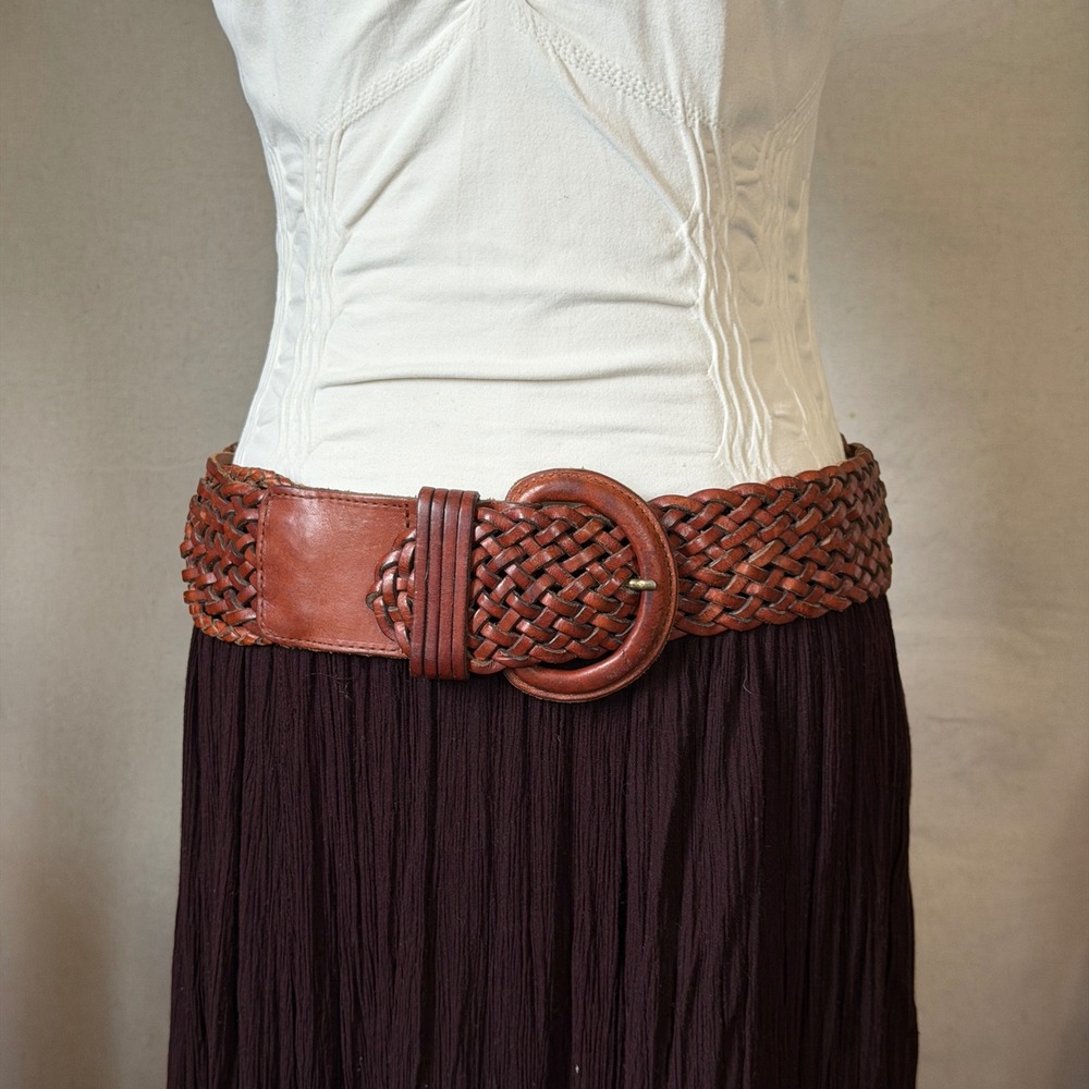 Brown Woven Leather Belt Boho Vintage 90s Medium Chunky